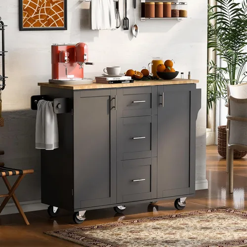 Vista 9 de LUMISOL Isla de cocina con ruedas con estante de almacenamiento interno, carrito de isla de cocina con parte superior de madera de goma, 2 estantes