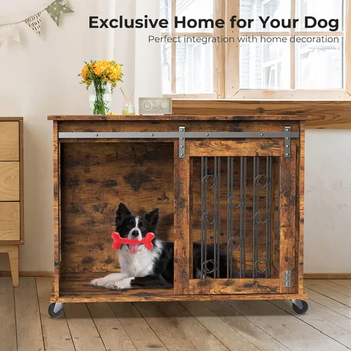 Vista 6 de Lyromix Mueble de jaula para perros con divisor para 2 mascotas pequeñas a medianas, mesa auxiliar de madera para cachorros, perrera