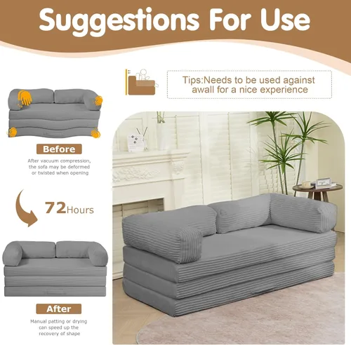 Vista 8 de Convertible Sofa Bed Full,5-in-1 Folding Boneless Couch Corduroy Futon Sofa Bed,Tri-Fold Mattress with Removable Armrests & Handle,Sleeper with Pull