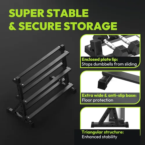 Vista 3 de HANDBODE 3-Tier Dumbbell Rack Stand, 1000LB Capacity Storage Rack, Weight Rack for Dumbbells, Kettlebell, 390–700 lb Rubber Coated Fixed