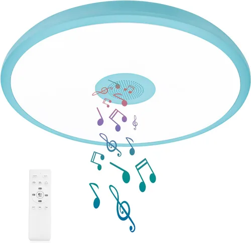 | Lámpara de techo LED impermeable azul cielo, lámpara de techo con música, con altavoz Bluetooth, 11 pulgadas 18 W, 2700K-6500K, color RGB
