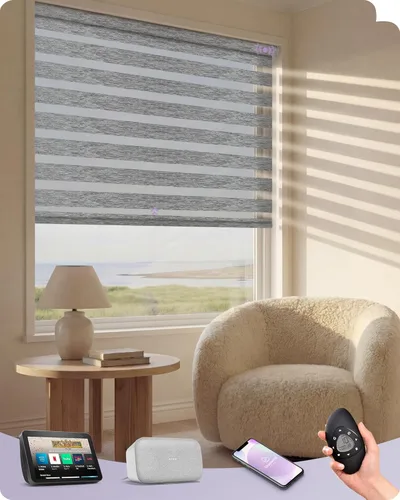 Graywind Persianas motorizadas de cebra para ventanas, persianas inteligentes 100 % opacas con control remoto, persianas de cebra personalizadas de