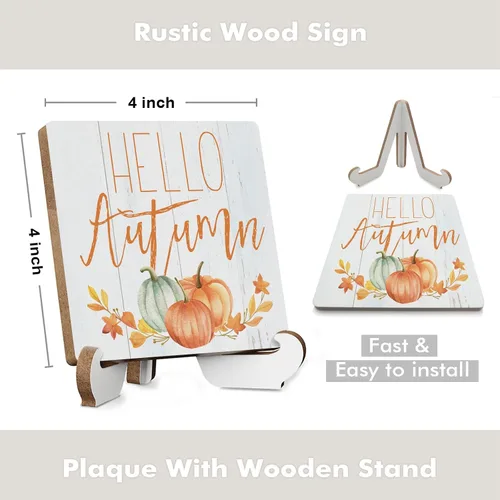 Vista 2 de Letrero con texto en inglés «Hello Autumn» con texto en inglés «Hello Autumn», decoración de escritorio de madera rústica, citas inspiradoras