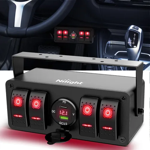 Vista 22 de Nilight Caja de interruptor basculante de 4 cuadrillas 12V SPST ON Off Interruptores de palanca PD tipo C y QC 3.0 USB Voltímetro Luz LED naranja