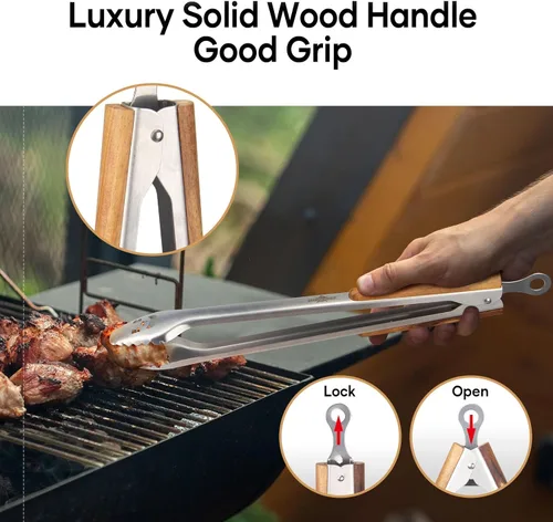 Vista 3 de XUDAKAIXIN Pinzas para barbacoa de acero inoxidable de 18 pulgadas de largo con mango de acacia de lujo extendido, herramienta de parrilla duradera