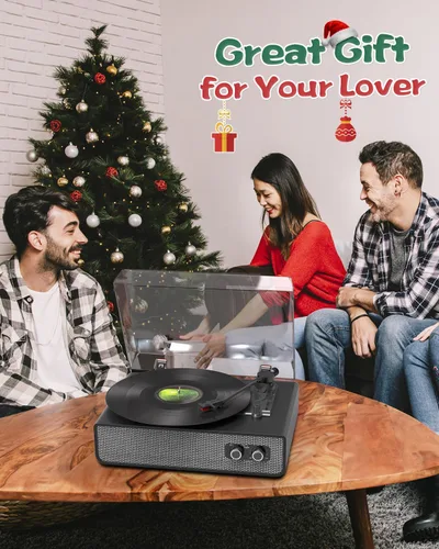 Vista 6 de Tocadiscos de vinilo con altavoces integrados mejorados, tocadiscos Bluetooth de 3 velocidades accionados por correa para discos de vinilo