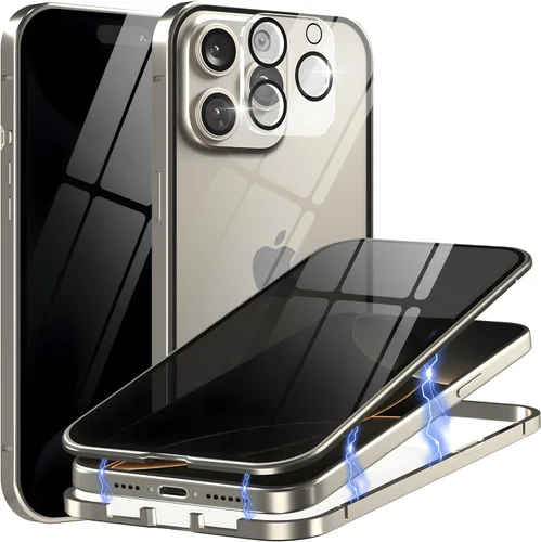 Vista 8 de Funda de privacidad de metal de titanio para iPhone 16, protector de pantalla de privacidad integrado y protector de lente de cámara, adsorción