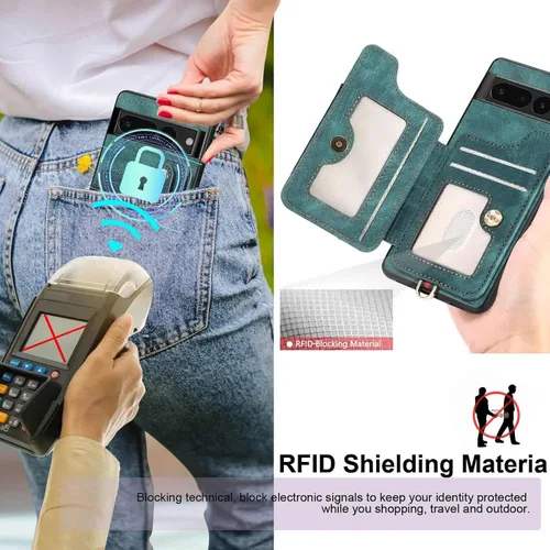 Vista 3 de Funda para Google Pixel 7 Pro, soporte de anillo, cartera con bloqueo RFID, correa de muñeca, funda protectora de cuero a prueba de golpes (verde)