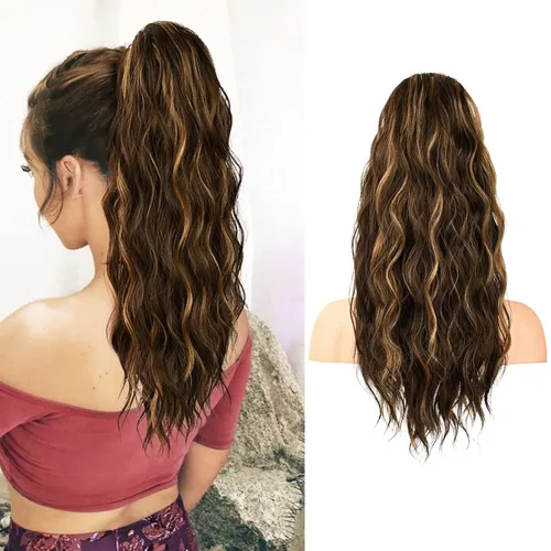 Vista 37 de FLUFYMOOZ Extensión de cola de caballo de 22 pulgadas, extensiones de cabello sintético ondulado largo y rizado para mujer