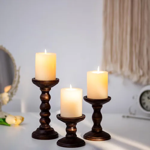 Vista 7 de Romadedi Portavelas de madera para pilar, juego de 3 candelabros de madera rústicos vintage altos, portavelas de granja para chimenea, manto, mesa