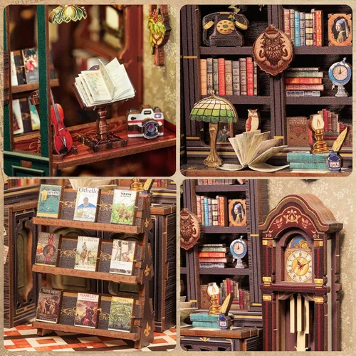 Vista 8 de Fsolis - Kit de rincón de lectura, kit de casa en miniatura para escenas DIY, mini casa, mini rincón de libros, decoración de estantería artesanal