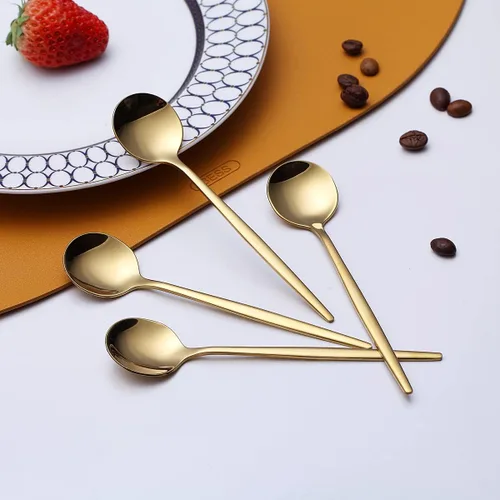 Vista 8 de Kyraton - Juego de 6 cucharas de café doradas de acero inoxidable de 5.1 pulgadas, cucharas demitasse chapadas en titanio, pequeñas cucharas