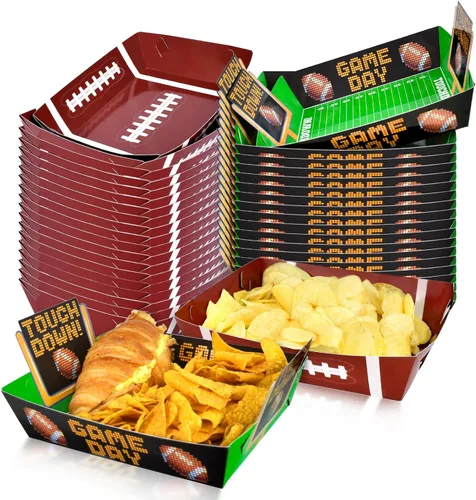 Kit de suministros para fiesta de fútbol de Gatherfun para 36: Platos grandes de comida de fútbol, tazones desechables, bandejas de comida - Ideal