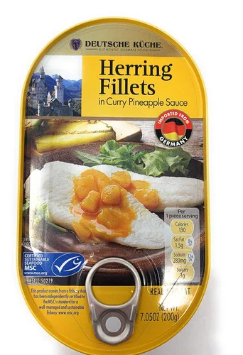 Vista 4 de Deutsche Kuche Filetes de arenque enlatados, salsa de piña al curry y pimienta de mango, 7.05 onzas cada uno, paquete de 2