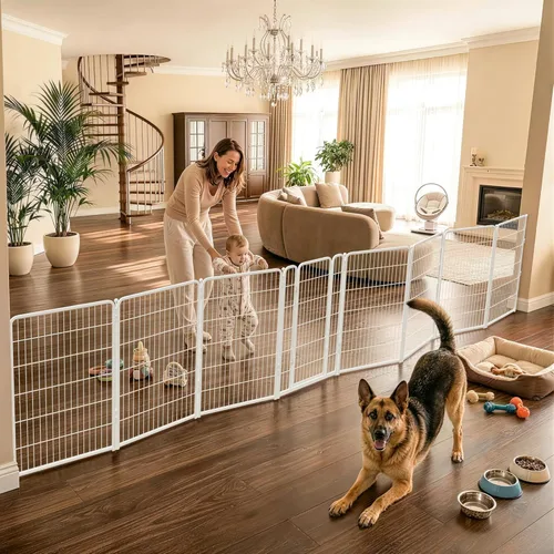 Vista 32 de FXW Puerta para perros extra ancha diseñada para uso en interiores, ancho ajustable de hasta 165 pulgadas de ancho