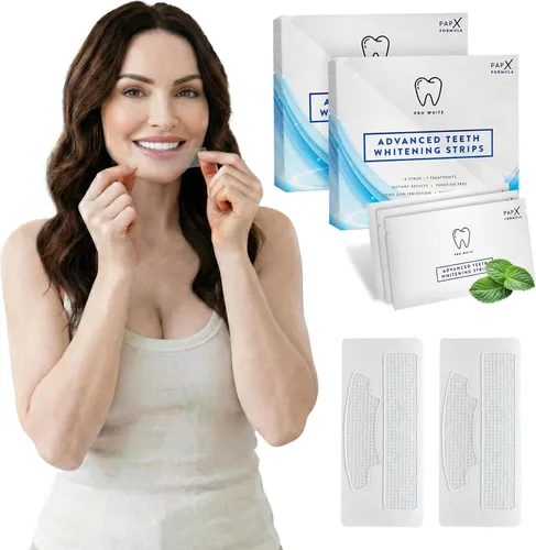 Vista 9 de Pro White Advanced - Tiras blanqueadoras de dientes con sabor a menta fresca, tiras blanqueadoras con 14 aplicaciones para un fácil uso diario