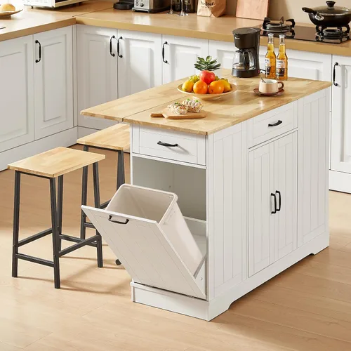 ONBRILL Las islas de cocina estacionarias incluyen 2 sillas, isla de cocina de 47 pulgadas con hoja caída, mesa de bar para el hogar con estante de
