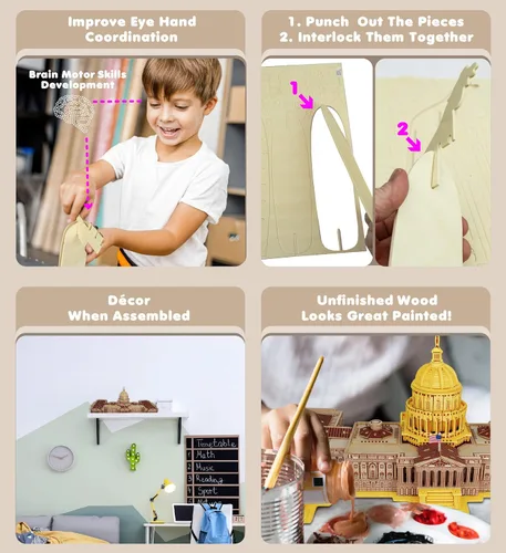 Vista 3 de Puzzled Rompecabezas 3D The US Capitol Building Wood Craft Kit de modelo de construcción educativo DIY juguete de madera ensamblar