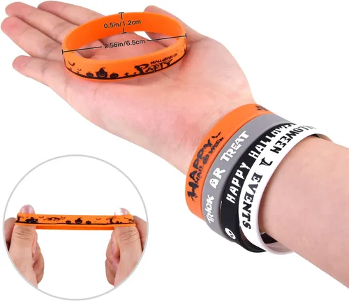 Vista 6 de FEPITO 70 paquetes de pulseras de silicona para Halloween, 7 patrones clásicos de Halloween, pulseras de goma