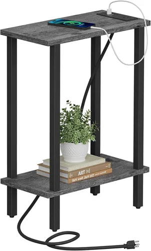 Vista 27 de TUTOTAK - Mesa auxiliar pequeña con estación de carga; mesa lateral estrecha con puertos USB y tomas de corriente; mesa de sofá delgada; mesita