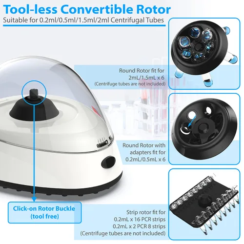 Vista 4 de FOUR E'S SCIENTIFIC Mini centrífuga 5400rpm, 2000 x g RCF con 2 rotores intercambiables para capacidad de tubo de 0.2/0.5/1.5/2 mL - NO