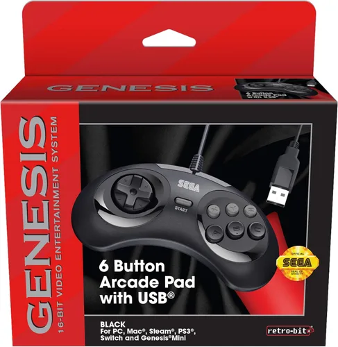 Vista 5 de Retro-Bit Official Sega Genesis USB Controller 6-Button Arcade Pad for Sega Genesis Mini, PS3, PC, Mac, Steam, Switch - USB Port - (Black)
