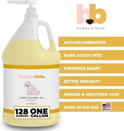 Vista 2 de Buddy's Best - Aceite de salmón para perros – 1 galón (128 onzas) Aceite de pescado 100% noruego Grado humano e inodoro Suplemento Omega 3
