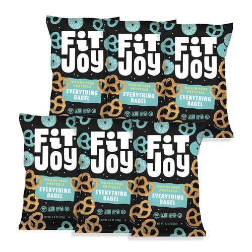 FitJoy Pretzels Sabor Everything Bagel (Paquete de 6, 4.5 Oz), Aperitivos Sin Lácteos, Nueces y Gluten, Sin Granos, Raíz de Yuca y Harina de