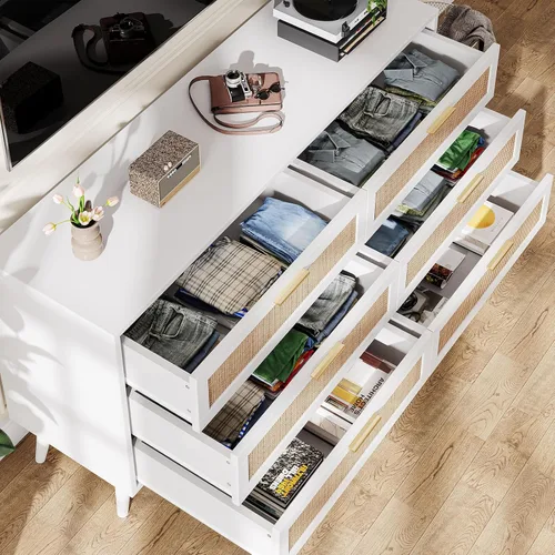 Vista 74 de Rovaurx Cómoda doble de 6 cajones para dormitorio, cómoda de ratán, cómoda de madera moderna con asas doradas, mesa auxiliar para armario, sala