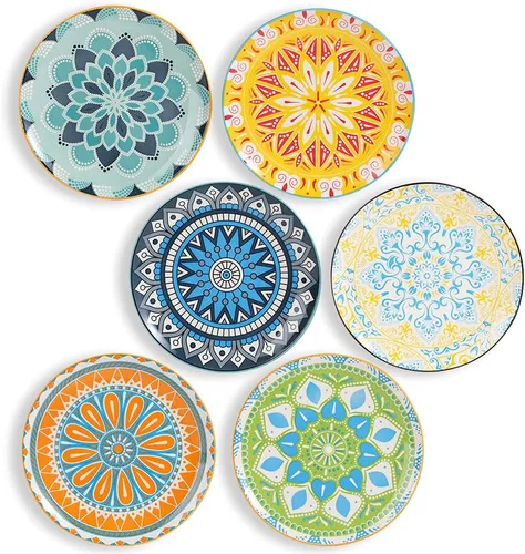 Juego de platos de postre de cerámica de 6 a 8 pulgadas para ensalada y aperitivo, colores vibrantes para mezclar y combinar, aptos para