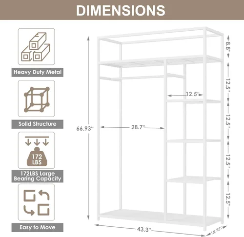 Vista 7 de JEROAL Armarios portátiles de alta resistencia, perchero de metal con estantes, estante portátil independiente para colgar ropa, carga máxima de 550