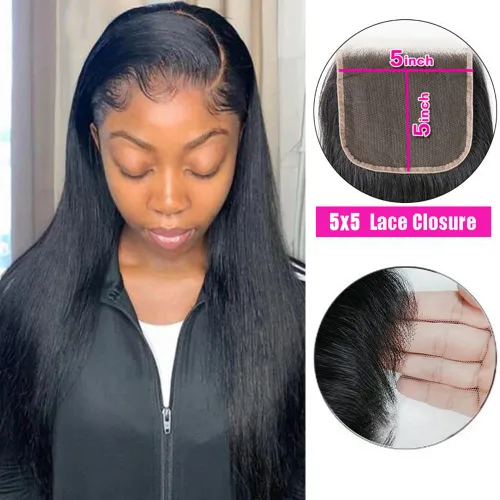 Vista 5 de Cierre de encaje 5 x 5 cabello humano lacio 100 sin procesar cabello humano virgen brasileño con cierre de encaje predepilado con abuelitos