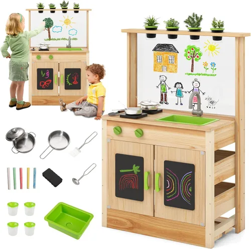 INFANS Cocina de barro, cocina de juego al aire libre con grifo de toldo, estufas, accesorios de cocina, fregadero extraíble, juego de cocina para
