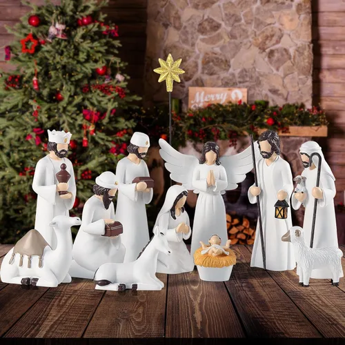 Juego de belén para Navidad en interiores, 12 piezas de 16.5 centímetros, elegante conjunto de belén para decoraciones de mesa, conjunto de escena