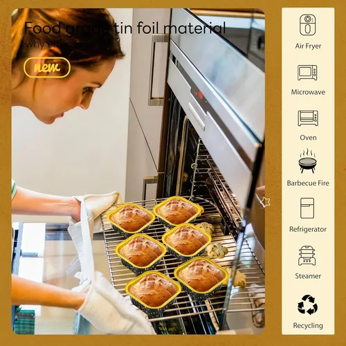 Vista 4 de 50 Piezas Mini Tazas Cuadradas para Hornear con Tapas y Cucharas Moldes de Lámina de Aluminio Mini para Pasteles con Tapas Moldes Desechables