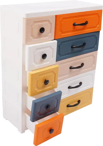 Vista 7 de Cajones de almacenamiento de plástico, cómoda colorida de 5 capas, armario de almacenamiento de 10 cajones con poleas para dormitorios, salas