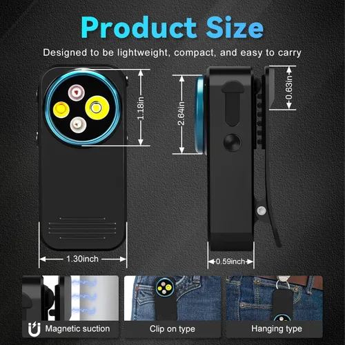 Vista 9 de Linterna EDC con clip, linterna recargable de 600 lúmenes, mini luz de bolsillo con clip con modo RGB, linterna pequeña magnética tipo C