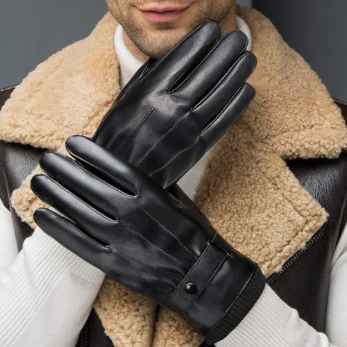 Vista 6 de SANKUU Winter Leather Gloves for Men, Touchscreen Snap Closure Cycling Black Gloves Outdoor Riding Warm Waterproof Gloves