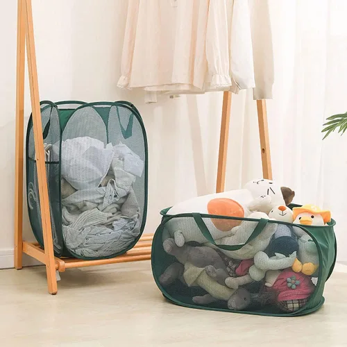 Vista 5 de 4 Piezas Cesta de Lavandería Desmontable con Malla y Mangos Duraderos, Cestas de Lavandería Plegables, Cesta de Ropa Plegable para Dormitorio Azul