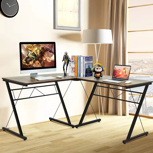 Vista 7 de Tangkula Escritorio en forma de L, escritorio de esquina para computadora, ahorro de espacio y multifuncional, escritorio de oficina en casa