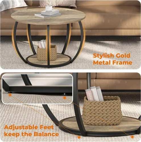 Vista 4 de GreenForest Round Coffee Table with 2-Tier Open Storage, 27.6 inch Small Circle Coffee Tables with Adjustable Feet, Modern Mini Center Table for