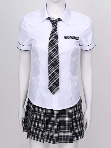 Vista 4 de FEESHOW Conjunto de uniforme para mujer, disfraz de cosplay con falda a cuadros