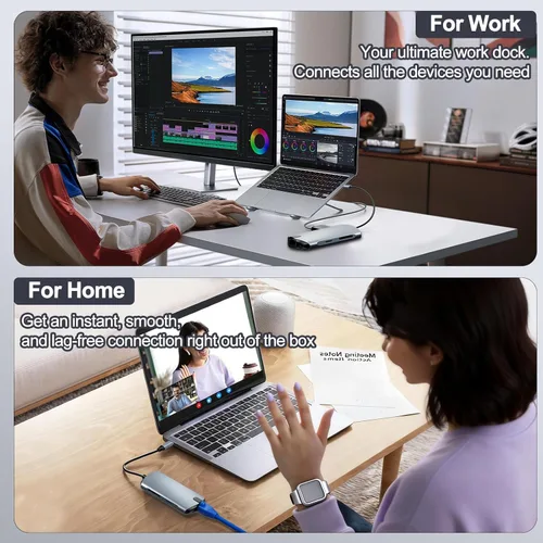 Vista 8 de Adaptador Ethernet de concentrador USB C 8 en 1 con HDMI 4K a 60Hz, carga PD de 100 W, 3 puertos USB 3.0, RJ45 de 1 Gbps, lector de tarjetas SD/TF