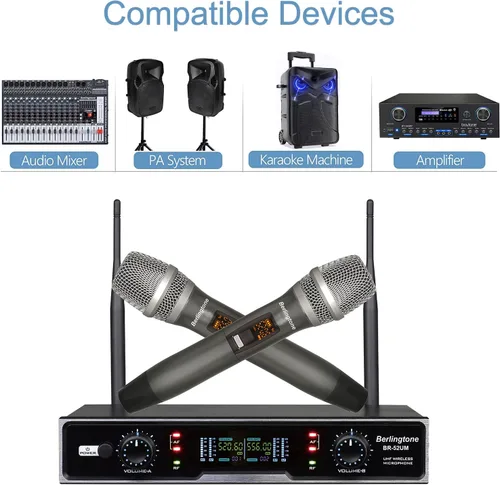 Vista 5 de Sistema de micrófono inalámbrico UHF dual dinámico profesional, micrófono y base de metal, para cantar, karaoke, iglesia, boda, reunión, alcance