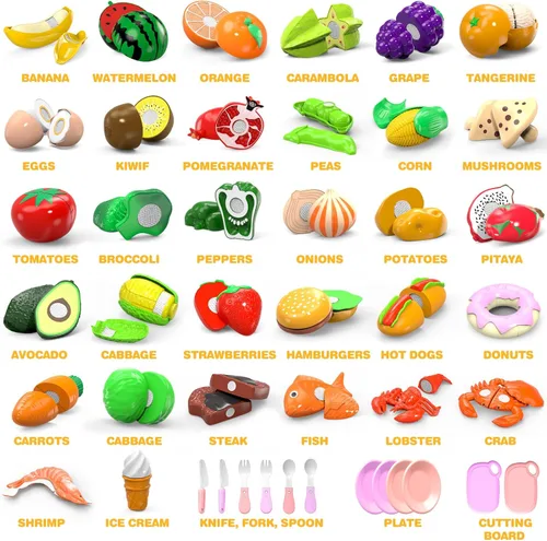 Vista 2 de Juego de 94 piezas de alimentos de corte para cocina infantil (45 artículos), comida de juego de simulación con cesta de la compra, accesorios