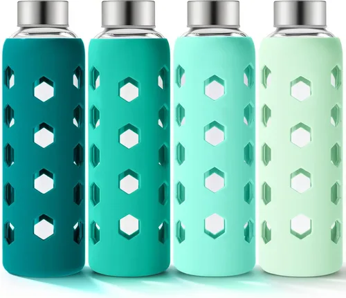 Vista 15 de Mrsdry Botellas de jugo de vidrio con tapas y fundas de silicona de 18 onzas, paquete de 4 botellas de agua reutilizables de vidrio transparente