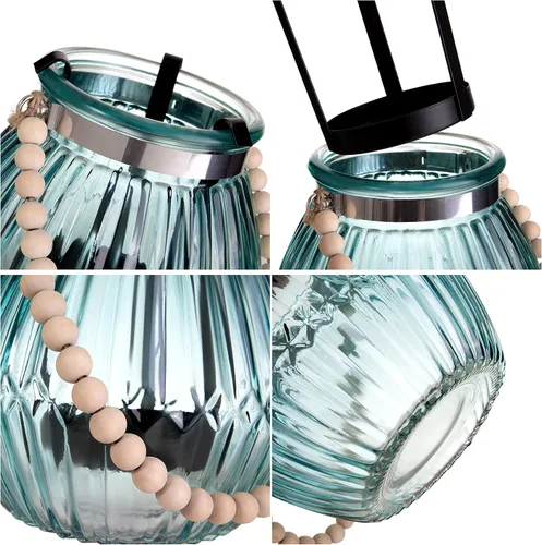 Vista 5 de Diamond Star Farol de vela de cristal decorativo candelabro al aire libre linterna de mesa con mango de cuentas de madera (azul)
