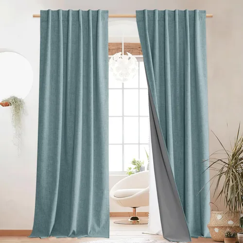 Vista 85 de NICETOWN Cortinas de lino 100% opacas para sala de estar con forro blanco aislado térmico, 52 pulgadas de ancho, 2 paneles, cortinas de 84 pulgadas