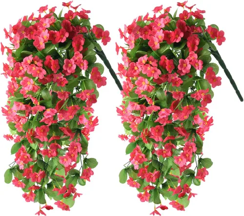Vista 12 de Flores artificiales colgantes falsas para decoración de otoño al aire libre, 2 piezas de seda sintética violeta, aspecto resistente a los rayos UV
