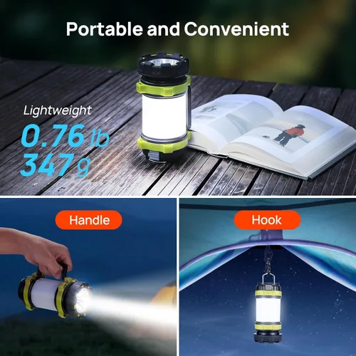 Vista 5 de Linterna LED de camping recargable (paquete de 1), linterna portátil Consciot con 6 modos de luz, banco de energía de 3600 mAh, IPX4 impermeable